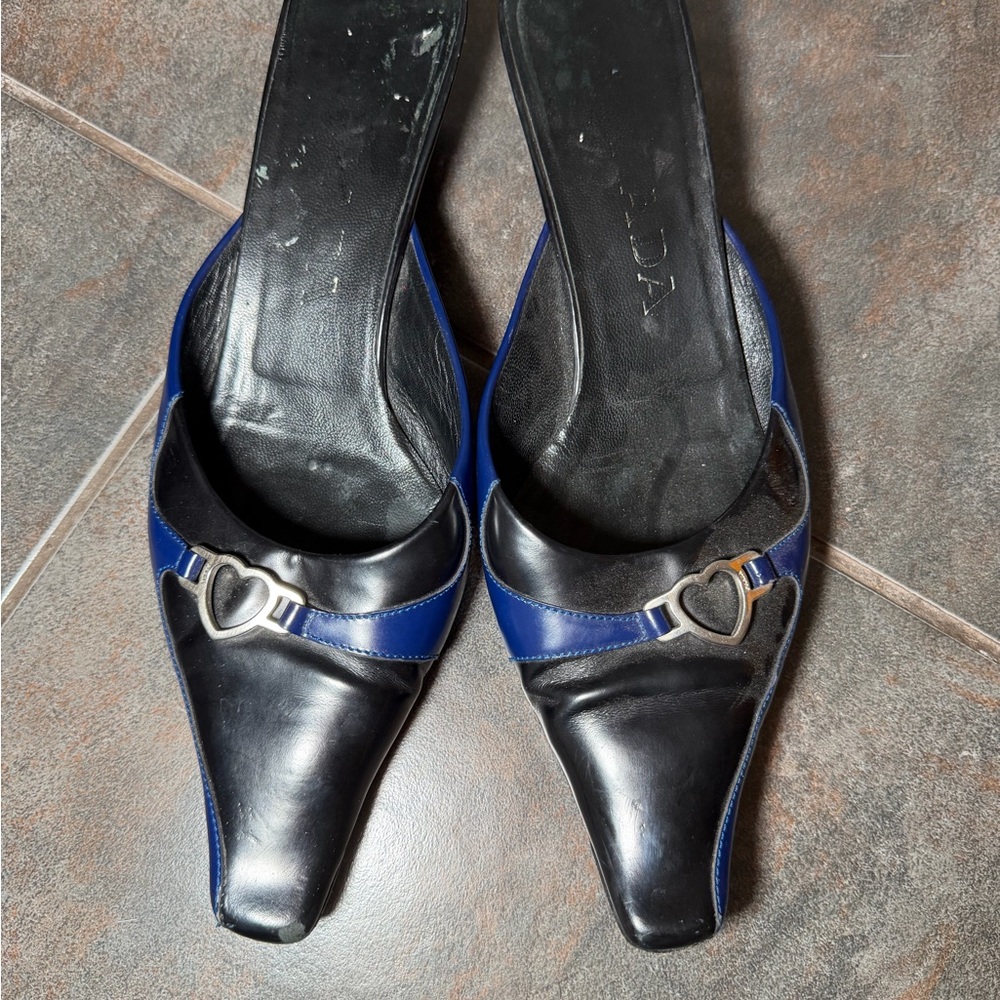 Vintage Prada Black and Blue Heart Accent Mules